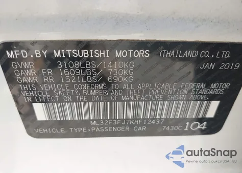 2019 Mitsubishi Mirage G4 Rf из США, поврежденный, VIN ML32F3FJ7KHF12437